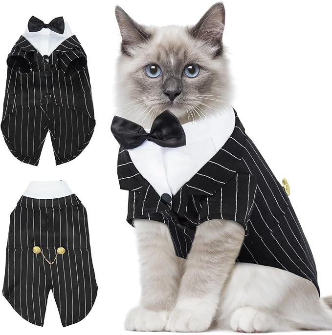 DENTRUN Cat Tuxedo Outfit, Sphynx Cat Costume Formal Suit with Bow Tie, Stylish Cat Shirt Fashion Apparel Fancy Clothes, Kitten Formal Attire Wedding Onesie Costume for Cats Only