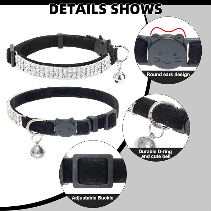 EXPAWLORER Soft Velvet Safe Cat Collars for Girl Cats - Rhinestones Adjustable Collars Breakaway- Chirstmas Cat Clollar Gifts with Bells for Boy Cats Kitty and Small Dogs(XS,Black)