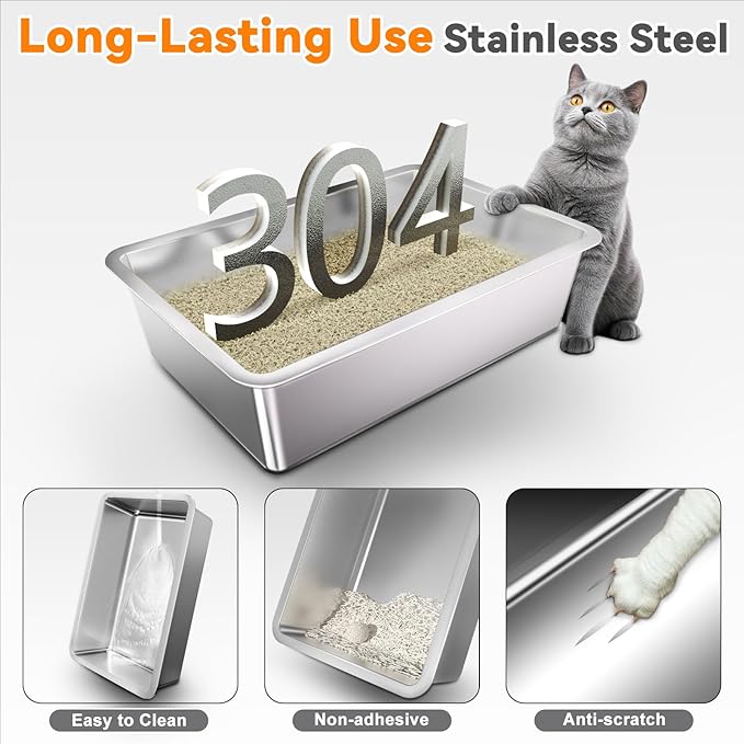 Stainless Steel Cat Litter Box with Lid, 180° Flip Top XXL Enclosed Litter Box with Cat Pedal Step Stool & Scoop, Front Top Dual Entry Steel Extra Large Cats Litter Pan, Light Grey