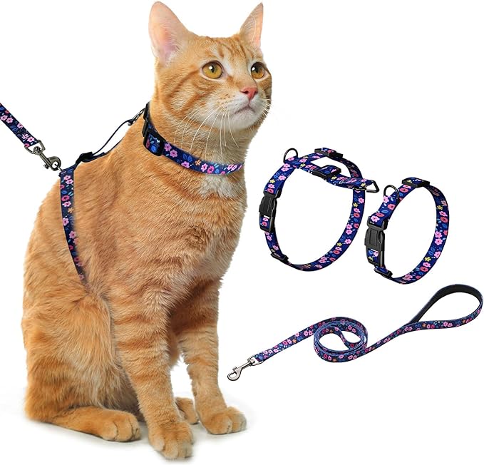Hikiko Cat Harness and Leash Set Escape Proof Adjustable Walking Travel Cute Kitten Harness for Small Medium Large Cats (Navy Blue Floral, M)