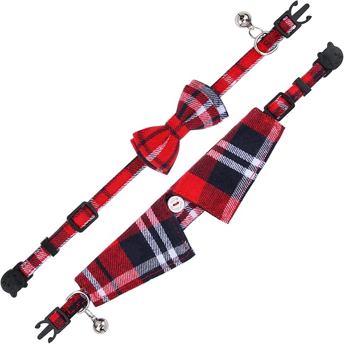 Faleela 2 Pack/Set Cat Collar with Cute Bow Tie and Bell,Breakaway Plaid Shirt Collar for Kitty Adjustable Safety
