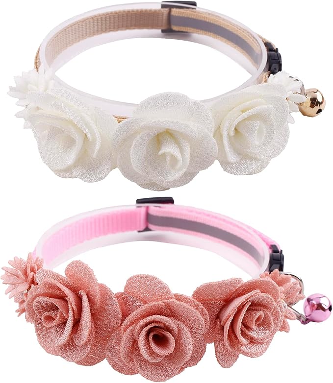 2 Pack Cat Collar Pink Floral with Bell and Removable Flower Bowtie Breakaway Adjustable Cat Collar for Girl Kitten Puppy Small Cats Dogs Daily Decoration (XQ10-7)
