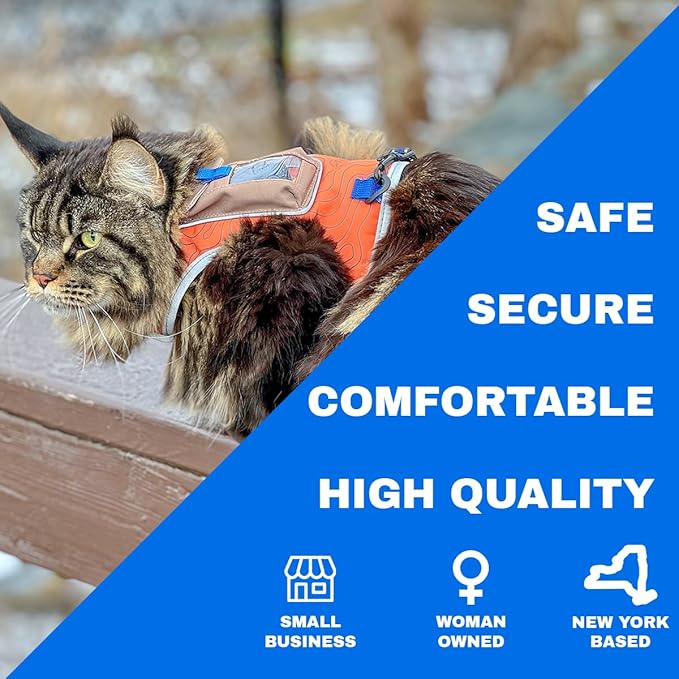 Travel CAT The Pathfinder Cat Harness with GPS Tracker Pocket - Powered by Tractive Cat Harness Escape Proof - Walking Escape Proof Harness for Small, Large Cat, Kitten (Orange, Small)