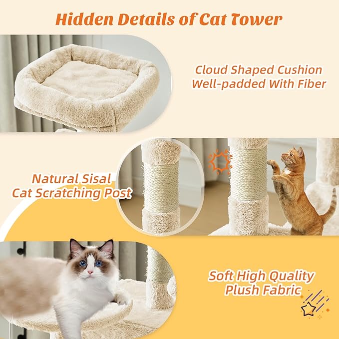 Sweetcrispy 44 Inch Cat Tree Tower, Cat Climbing Tower with Natural Sisal Scratching Posts, Hammock, Pet Condo for Indoor Cats and Kittens Play, Beige