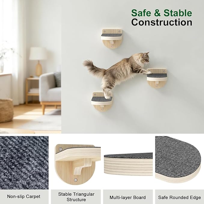 Cat Wall Shelves, 3 in 1 Cat Wall Furniture Set with Non-Slip Carpet, Wooden Wall-Mounted Kitten Climber Shelves for Jumping & Playing