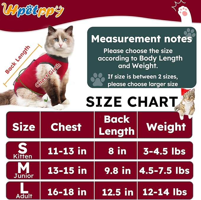 Cat Recovery Suit After Surgery, Breathable Cat Surgery Recovery Suit for Spay Abdominal Wounds or Skin Diseases, E-Collar Alternative Wear for Small Male Female Pets (Red,L)