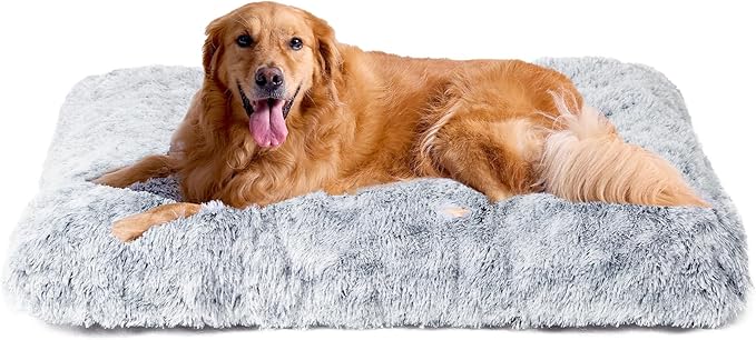 EHEYCIGA Fluffy Dog Crate Bed for Extra Large Dogs, Plush Faux Fur Pad, Calming Anti Anxiety XL Bed for Crate, Washable Soft Warm Dog Mat with Non-Slip Bottom, Grey