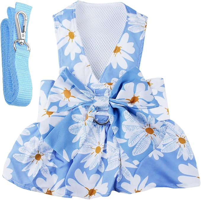 Dog Dress Bowknot Harness Leash Set for Small Girl Dogs Blue Daisy Floral Dog Cat Clothes Cute Puppy Outfits Pet Clothes Spring Summer Breathable Dresses(Large)