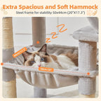 Taoqimiao Cat Tree 57.5-Inch, Cat Tower for Indoor Cats Large Adult, Extra Large Cat Condo, 8 Sisal Scratching Posts, Metal Frame Cozy Hammock, Durable Scratch Board, 2 Top Perches, Light Gray MS026W