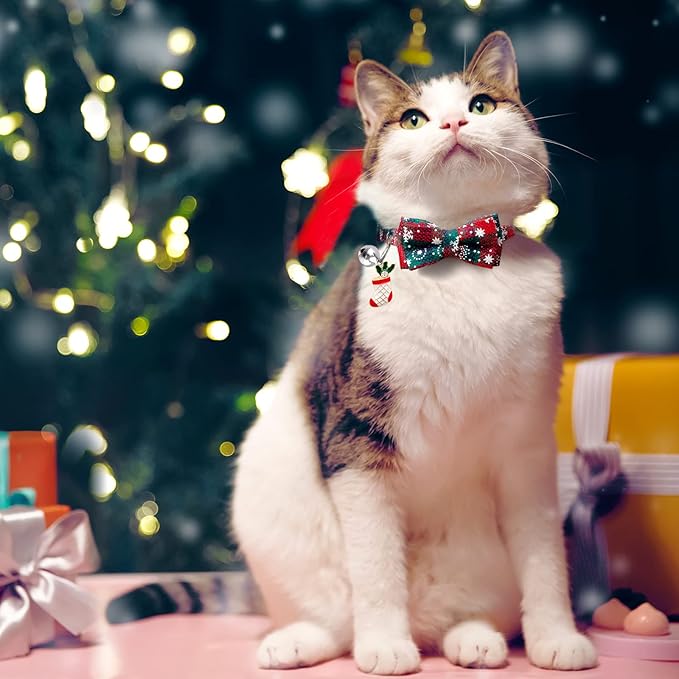 LLHK 4 Pack Christmas Cat Collars with Bow Tie and Bell,Breakaway Kitten Collar for Girl Boy Cats,Adjustable 7-12inch, for Kitty Kitten Adult Cats,Pet Supplies,Stuff,Accessories