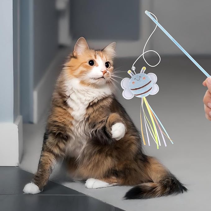 NOWFRESH Cat Wand Toy Set, 2 PCS Interactive Cat Teaser Wands with Cute Paper Mice & Paper Fish Designs, Equipped with Bells and Streamers to Captivate Your Cat’s Attention