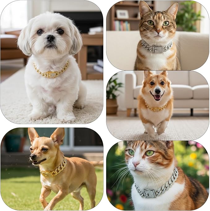 2Pcs Cuban Link Dog Collar Cat Chain Collar Diamond Cat Collar Kitten Walking Collar with Secure Buckle Rhinestones Necklace Metal Chain Jewelry Accessories for Cats Dogs Kittens