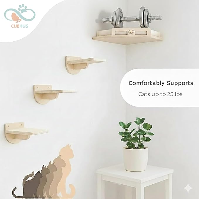 Cat Wall Shelves for Cats & Kitten – Solid Wood Cozy Corner Bed + Cushion with 2 Washable Covers +3 Wooden Steps, Safe Haven for Indoor Cats, Cat Shelves for Wall, Wood Color