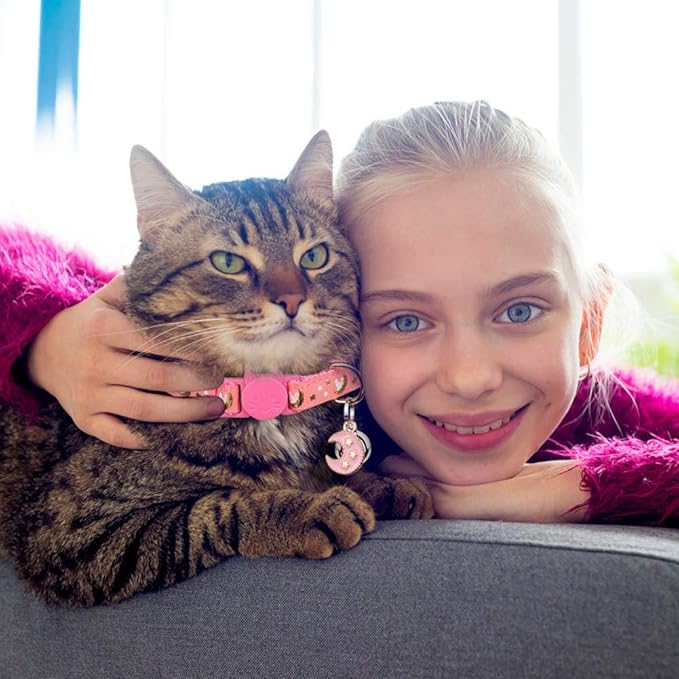 2Pcs Breakaway Cats Collars Cat Collars for Boy & Girl Cats Moons Adjustable Kitten Collars with Bell & Pendant Glow in The Dark,Black+Pink