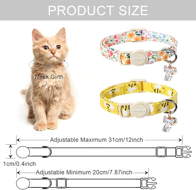 ARING PET 2 Pack Cat Collars-Cute Breakaway Cat Collar with Bell & Pendant, Adjustable Floral&Bees Pattern Kitten Collars with Safety Buckle for Girl and Boy Cats