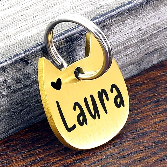 Ultra Joys Cat ID Tag Personalized Pet Tags, Durable Stainless Steel Small Pet Mini Dog Cat Tag Lightweight - Cathead Tag in Gold
