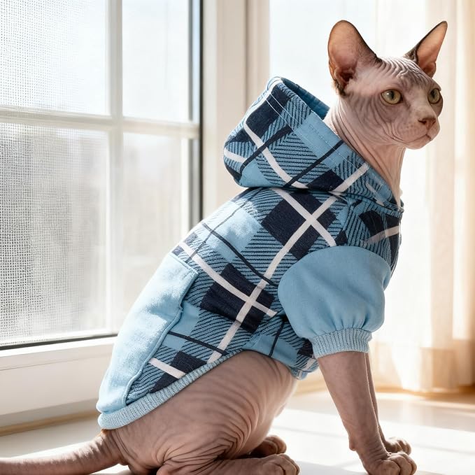 EXPAWLORER Plaid Cat Hoodie - British Style Warm Cat Sweater Shirt with Leash Hole,Pet Clothes Outfits,Winter Coat Apparel for Puppy Cats Girl Boy-Kitten Apparel,Blue M