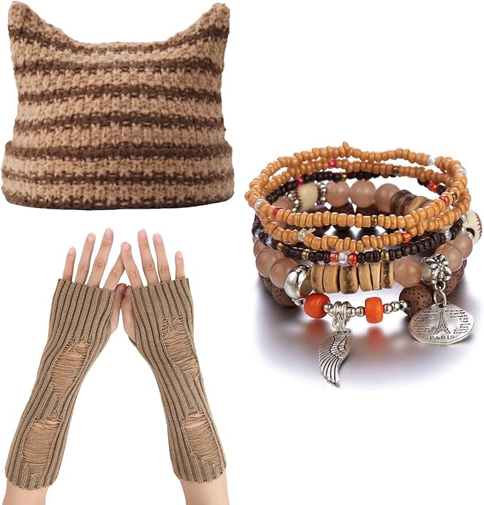CORIRESHA Therian Emo Clothing Cat Ear Y2k Beanie Grunge Fingerless Gloves Bohemian Stacked Bracelets Set