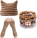 CORIRESHA Therian Emo Clothing Cat Ear Y2k Beanie Grunge Fingerless Gloves Bohemian Stacked Bracelets Set