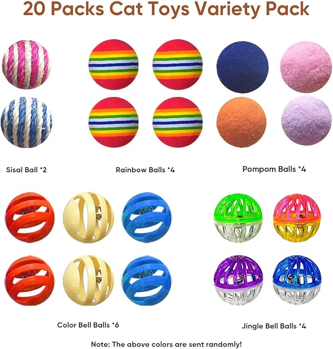 Cat Toys for Indoor Cats, Cat Toys Balls, 20 Packs Interactive Cat Toy Set with Colorful Bell, Jingle Bell, Rainbow, Pompom and Sisal Ball for Kittens