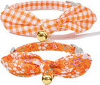 2 Pack Cotton Cat Collar, Removable Bowtie, Floral Pattern, Safety Breakaway Clasp, Adjustable for Cats.(Adult Cat, Orange Plaid and Floral)