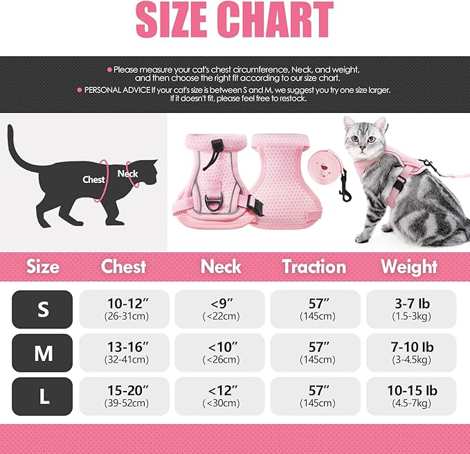 Cat Harness and Leash Set - Escape Proof, Adjustable Breathable Vest Harnesses with Reflective Strips, Easy Control & Secure Walking for Small Medium Large Cats Kitten Collar (Pink, Small)