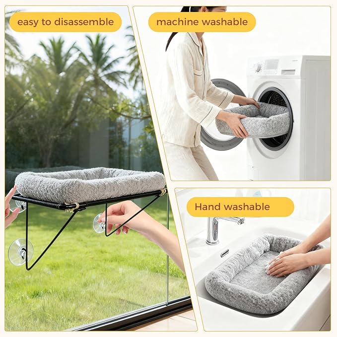 Cat Window Perch, Cordless Cat Hammock Window Seat with Sturdy Metal Frame Supports and 4 Strong Suction Cups (Grey, Short Hair)