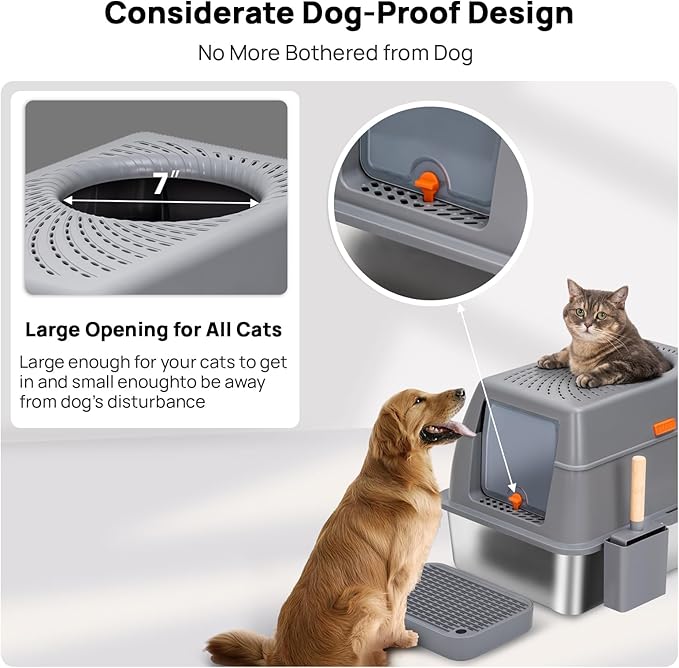 Stainless Steel Litter Box with Lid, SUS304 Metal Cat Litter Boxes, Enclosed Extra Large Kitty LitterBox High Wall, Jumbo Cat Toilet with Triple Pedal, Non-Sticky, Anti-Leakage (XL Grey)