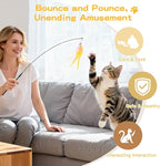 Pawaboo Feather Teaser Cat Toy, Interactive Feather Wand Cats Toy Flying Feathers Cat Catcher with Extra Long 34.5" Wand and Small Bell, Exerciser Playing Toys for Kitten or Cats, Pink+White+Yellow