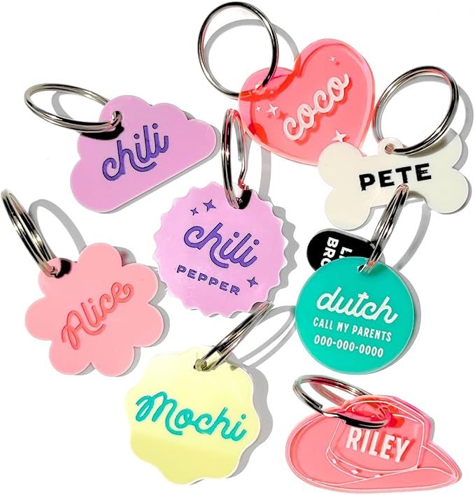 Personalized Pet ID Name Tag Charm – Custom Engraved Contact Information – Acrylic Collar Pendant w/Stainless Steel Ring for Harnesses – Lightweight for Dogs Cats (Wavy, Black)