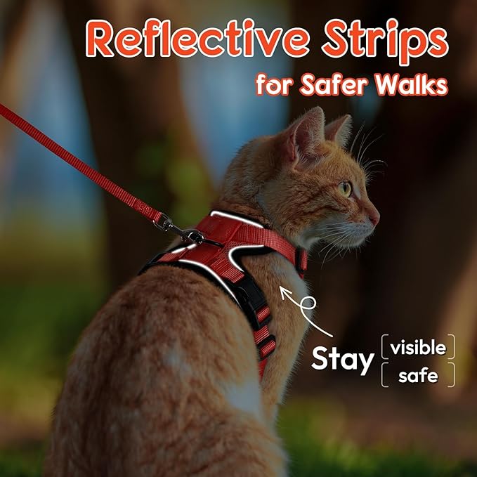 Dooradar Cat Harness and Leash Set, Escape Proof Safe Adjustable Kitten Vest Harnesses for Walking, Easy Control Soft Breathable Mesh Jacket with Reflective Strips for Cats, Reddish Orange, S