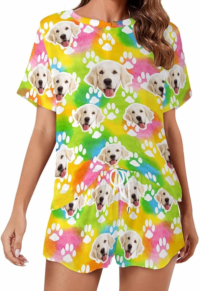 D-Story Custom Short Pajama Set with Pet Face Personalized Photo Sleepwear 2 Pieces Pjs Nightwear Xmas Gift for Women