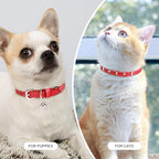 Leather Cat Collars for Boy Girl Cats with Bell and Safety Elastic Belt, Personalized Star and Moon Stud Adjustable Safe Buckle Collar for Kitty Small Big Cats Size 8-12 Inch, Red