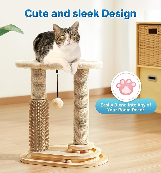 Made4Pets Cat Scratching Post, Cat Self Groomer for Indoor Cats, Cloud Soft Perch for Rest, 17.5" Tall Natural Sisal Scratcher Cat Grooming Interactive Ball Track Toys for Small Cats Kittens