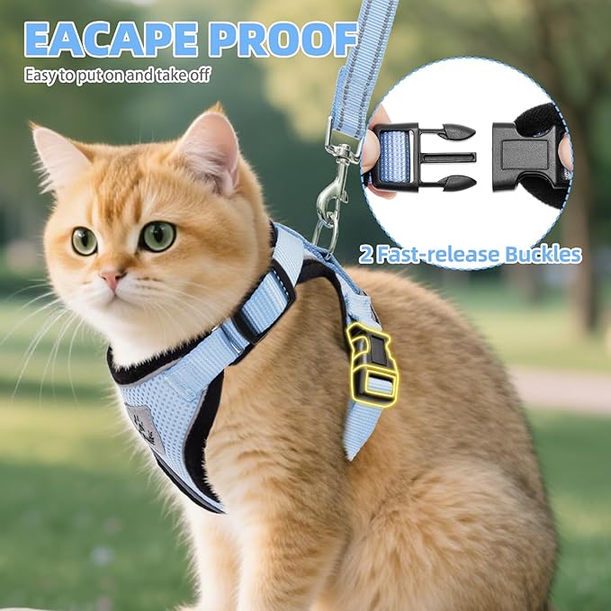 PUPTECK Cat Harness and Leash Set Escape Proof Reflective Cat Walking Harness Adjustable Soft Breathable Mesh Vest for Small Pets, Sky Blue, M