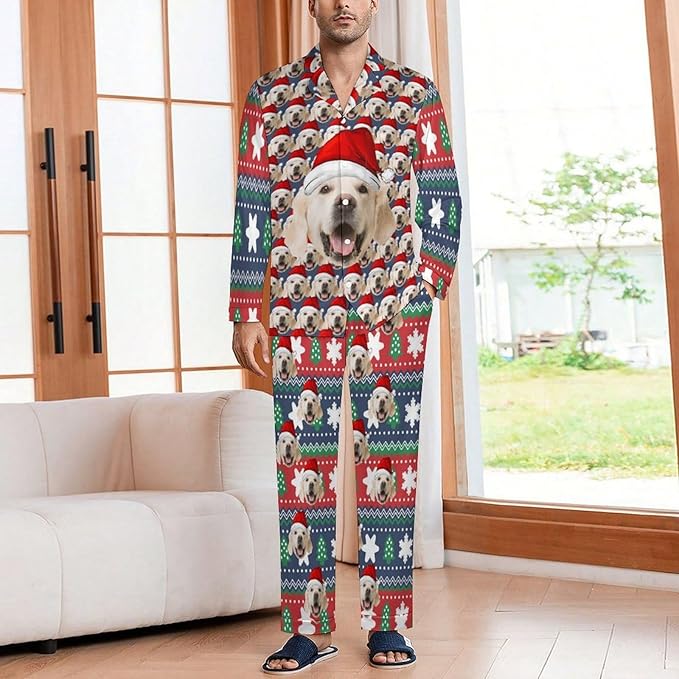 Custom Face Pajamas for Women Men,Personalized Dog Cat Pet Pajamas Set,Christmas Long Sleeve Sleepwear Pjs