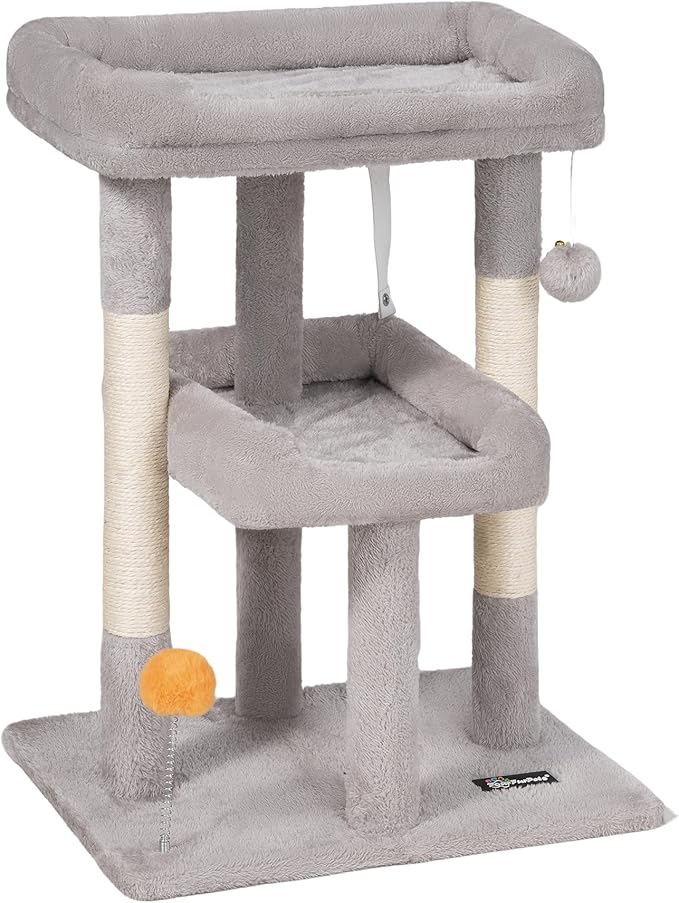 FourFurPets Small Cat Tree, Multi-Level Cat Tree for Indoor Cats, Cat Tower with Scratching Post, Cat Condo for Kittens,Toy Balls, 2 Soft Platform, Light Gray