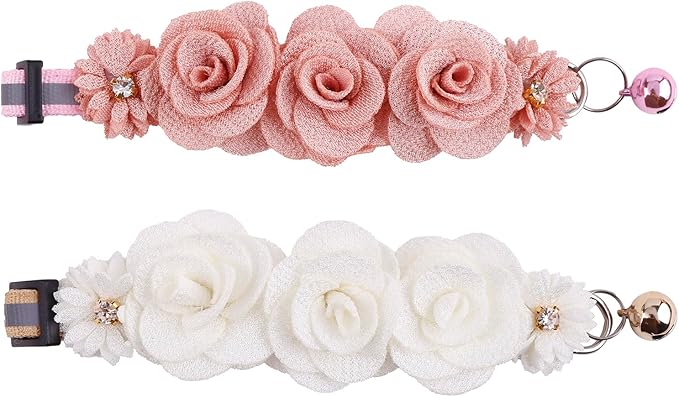 2 Pack Cat Collar Pink Floral with Bell and Removable Flower Bowtie Breakaway Adjustable Cat Collar for Girl Kitten Puppy Small Cats Dogs Daily Decoration (XQ10-7)