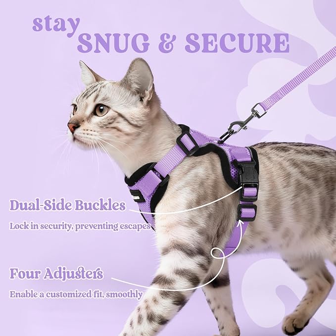 rabbitgoo Cat Harness and Leash for Walking, Escape Proof Soft Adjustable Vest Harnesses for Cats, Easy Control Breathable Reflective Strips Jacket, Light Purple, M