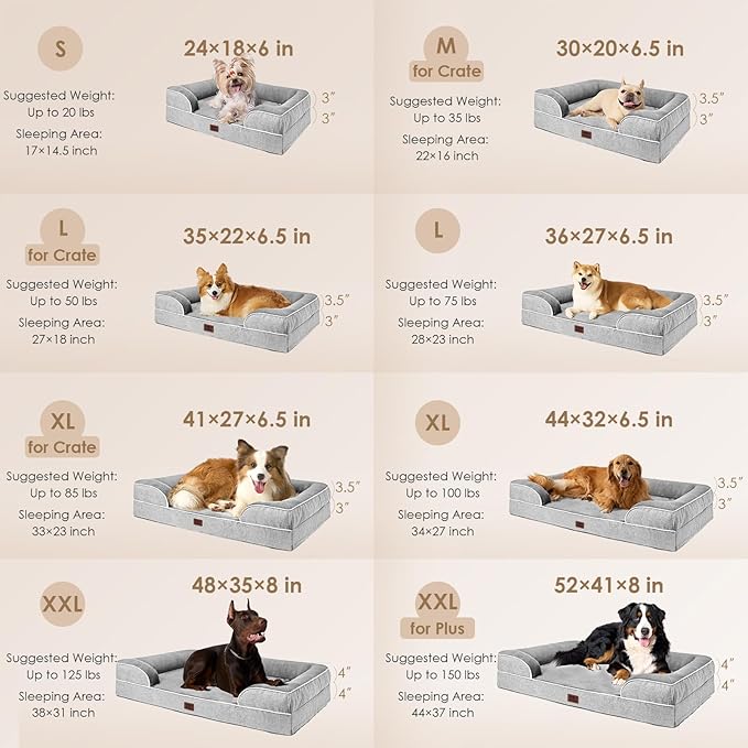 EHEYCIGA Orthopedic Dog Beds for Large Dogs, Waterproof Memory Foam Large Dog Bed with Sides, Non-Slip Bottom and Egg-Crate Foam Pet Couch Bed with Washable Removable Cover, Grey
