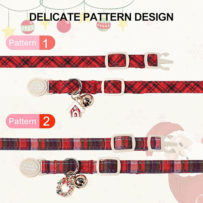 Unique Style Paws Kitten Collars,Cute Cats Collar with Bell,Kitten Collar Breakaway Buckle with Red Green Pattern,Adjustable Cat Collars,Ideal Gift for Boy Girl Cats
