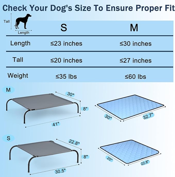 SZEE Raised Dog Bed with Detachable 2-Sided Cooling/Warming Waterproof Mat, Elevated Dog Cot Bed for Medium Sized Breeds with Durable Steel Frame & Sturdy Teslin Mesh, Outdoor & Indoor All-Season Use