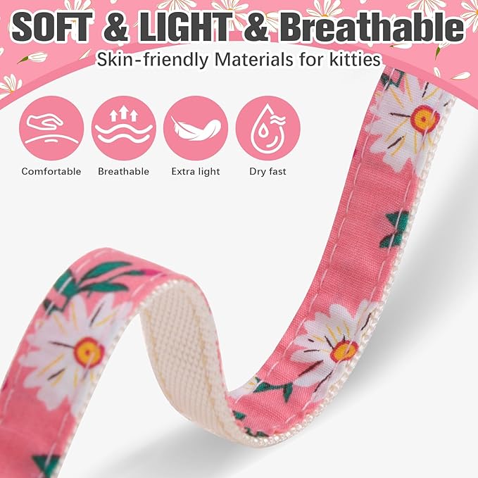 PAWCHIE Cat Harness and Leash Set with Bow Knot,Cats Escape Proof-Adjustable Daisy Floral Kitten Harness Soft Outdoor Walking Travel Pet Harness,Puppy Harness for Girl Cats Bunny Rabbit Small Dog,Pink