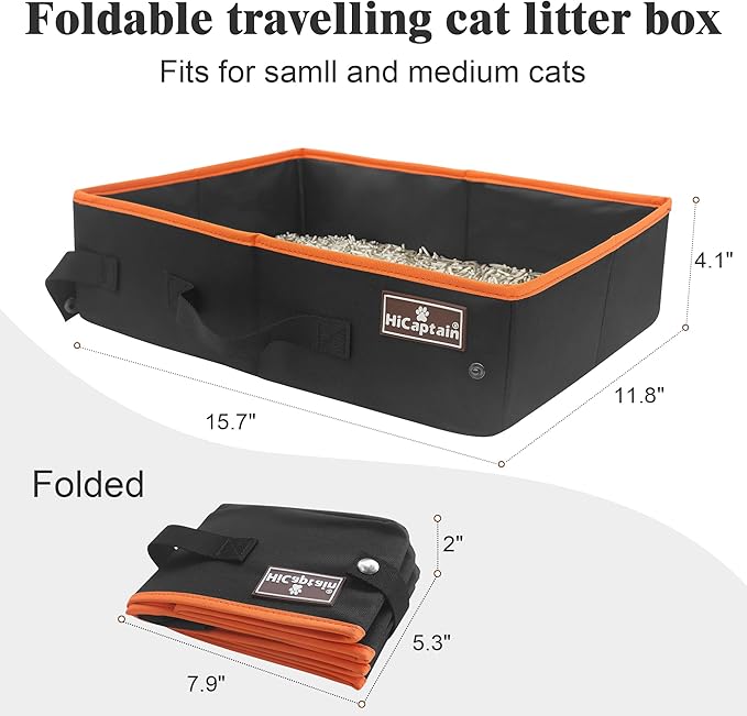 HiCaptain Portable Cat Travel Litter Box, Foldable Litter Box for Travel in Car, Collapsible Toliet Tray Carrier for Small and Medium Cats - Black