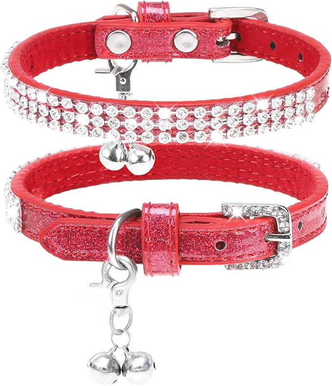 PUPTECK Basic Adjustable Cat Collar with Bling Diamond and Double Bells, for Kitten and Small Puppy, Fashion and Shining Dog Rhinestone Collars, 6-8 in, Red
