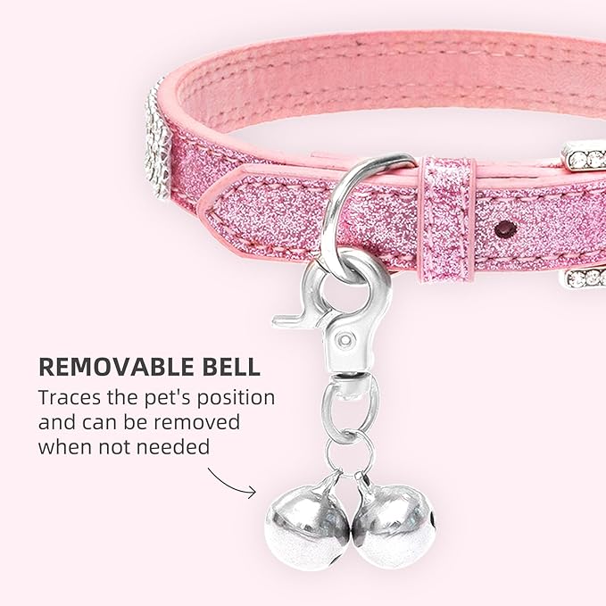 PUPTECK Basic Adjustable Cat Collar with Bling Diamond and Double Bells, for Kitten and Small Puppy, Fashion and Shining Dog Rhinestone Collars, 11-14in, Pink