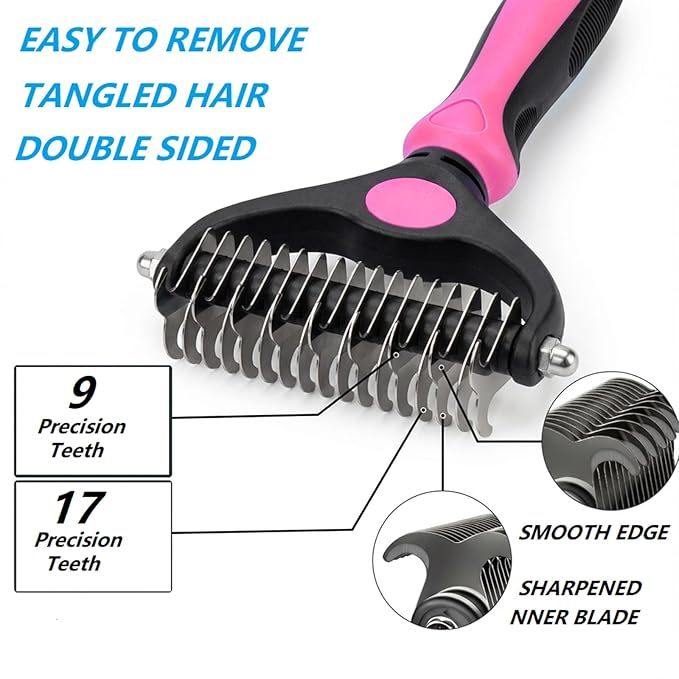 4PCS Self Cleaning Slicker Brush, Pet Grooming Rake, Bath Brush & Massage Brush for Short/Long Haired Dogs, Cats & Horses, Pet Grooming Deshedding Tools - Pet Supplies (Pink Black)