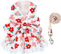 Dog Harness Dress Leash Set for Small Dog Summer Clothes Girl Female Puppy Cats Outfits Cute Floral Bowknot Princess Birthday Dress for Extra Small Pet Doggie Kitten Outfits Apparel(Red,L)