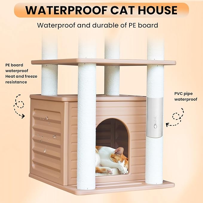 46” Indoor and Outdoor Cat Tree Tower, Cat House for Outdoor Cats, Weatherproof Cat Condo with Scratching Posts