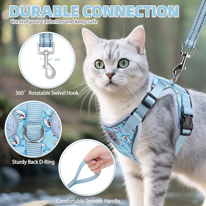 PUPTECK Cat Harness and Leash Set Escape Proof Reflective Cat Walking Harness Adjustable Soft Breathable Mesh Vest for Small Pets, Blue Sharks, M